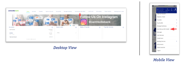 Desktop and mobile views with red arrows pointing to the "Send Money With Zelle®" navigation option.