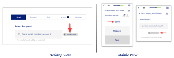 Desktop and mobile views of Zelle® interface with red arrows highlighting the "Send" tab and the "Add New Contact" button.