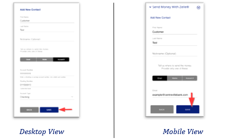 Desktop and mobile views of the "Add New Contact" Zelle® form with red arrows pointing to the "Save" button.