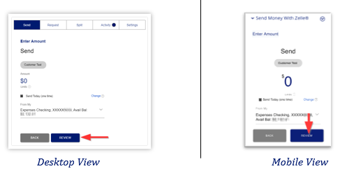 Desktop and mobile views of the Zelle® "Enter Amount" screen with red arrows pointing to the "Review" button.
