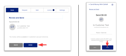 Desktop and mobile views of the Zelle® "Review and Send" confirmation screen with red arrows pointing to the "Send" button.