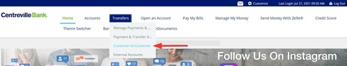 Desktop navigation bar with a red arrow pointing to the "Customer to Customer" option under the Transfers dropdown menu.