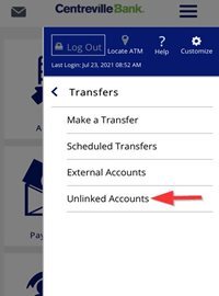 Mobile navigation menu under Transfers with a red arrow pointing to the "Unlinked Accounts" option.