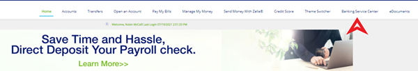 Desktop navigation bar with a red chevron pointing to the "Banking Service Center" option.