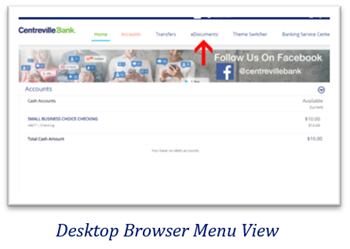 Desktop browser view of Centreville Bank website with a red arrow pointing to the eDocuments navigation link.
