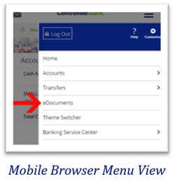 Mobile browser view of Centreville Bank website with a red arrow pointing to the eDocuments option in the navigation menu.