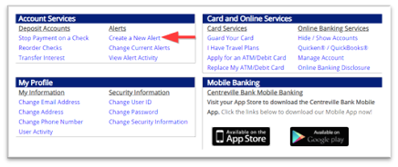 Banking Service Center options with a red arrow pointing to "Create a New Alert" under Account Services.