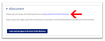 eDocument section with a red arrow pointing to the disclosure link, code entry field, and submit button.