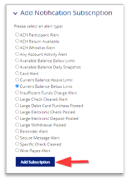 "Add Notification Subscription" menu with radio button options for alert types and a red arrow pointing to the "Add Subscription" button.