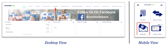 Side-by-side desktop and mobile views highlighting the "Pay My Bills" option in Centreville Bank navigation.