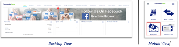 Desktop and mobile views highlighting the "Pay My Bills" option in Centreville Bank navigation.