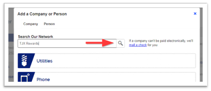 "Add a Company or Person" popup with a red arrow pointing to the network search box.
