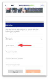 Mobile "Add Biller" form with a red arrow pointing to the "Enter name" field.