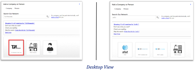 Desktop view of company search results for adding a payee, showing matched logos like TJX Rewards and AT&amp;T.