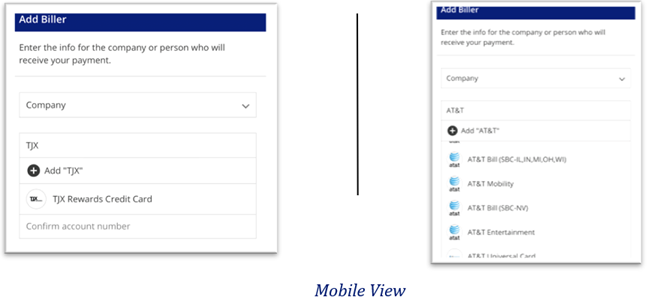 Mobile view of "Add Biller" search results displaying suggested biller options for TJX and AT&amp;T.
