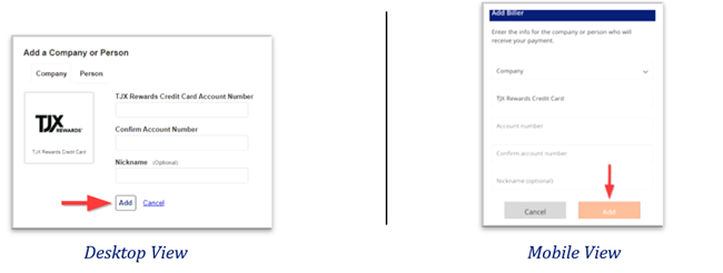 Desktop and mobile views with red arrows pointing to the "Add" button to complete adding a biller.