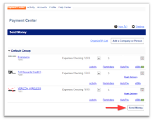 Payment Center screen showing listed payees with a red arrow pointing to the "Send Money" button.