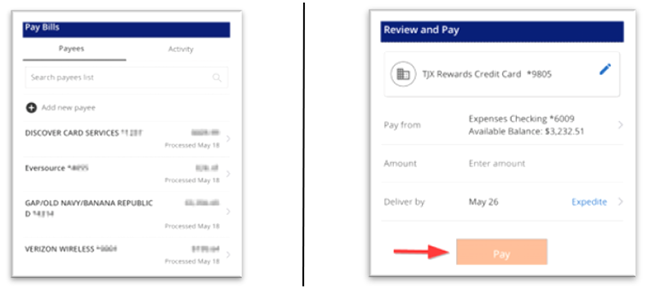 Mobile views showing a list of payees and the "Review and Pay" screen with a red arrow pointing to the "Pay" button.