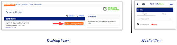 Desktop and mobile views showing red arrows pointing to options to add a new payee.