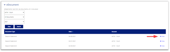 eDocument search results table with a red arrow pointing to the "View" link next to a document.