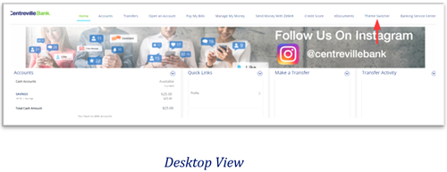 Desktop view of Centreville Bank homepage with a red arrow pointing to the "Theme Switcher" option in the navigation bar.