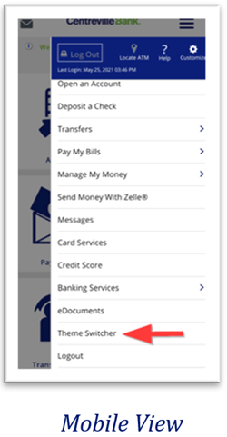 Mobile view of navigation menu with a red arrow pointing to the "Theme Switcher" option.