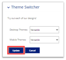 Theme Switcher interface showing dropdown menus for desktop and mobile themes with a red box highlighting the "Update" button.