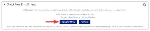 CheckFree Enrollment screen with a red arrow pointing to the "Sign up for Bill Pay" button.
