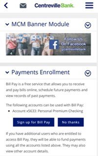 Mobile view of Payments Enrollment screen showing a Sign up for Bill Pay button.