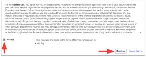 Terms of service screen with red arrows pointing to the checked "I Accept" box and the "Continue" button.