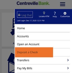 Mobile view of navigation menu with an orange highlight over the "Deposit a Check" option.