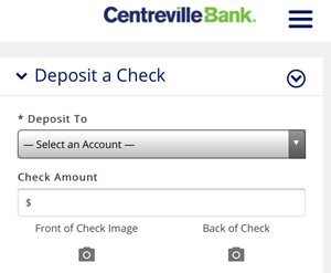 "Deposit a Check" mobile form showing account dropdown, amount field, and camera capture buttons.