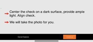 Check capture instructions screen with red arrows highlighting positioning tips and automatic photo capture info.