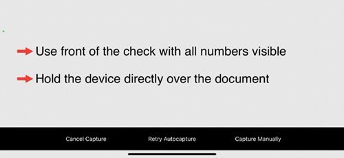 Check capture guidance screen with red arrows pointing to instructions for check visibility and device alignment.