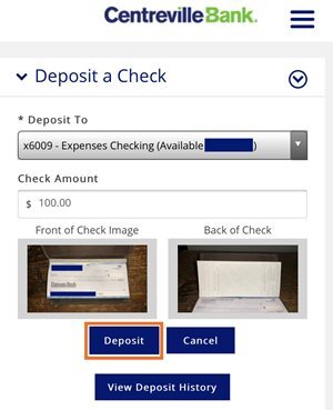 Completed "Deposit a Check" mobile form showing captured check images with an orange box highlighting the "Deposit" button.