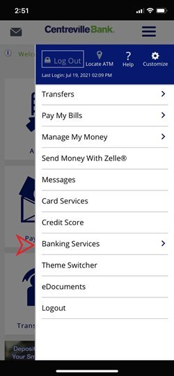 Mobile navigation menu with a red chevron pointing to the "Banking Services" option.