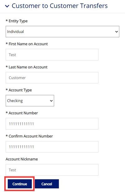"Customer to Customer Transfers" form with completed recipient details and a red outline around the "Continue" button.