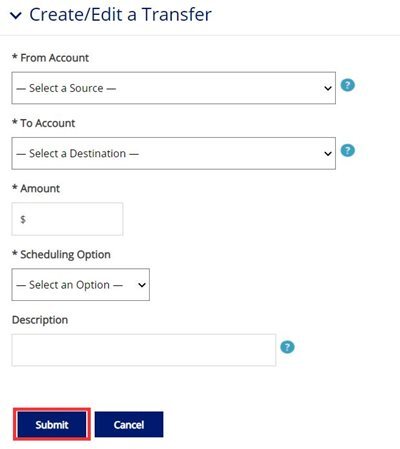 "Create/Edit a Transfer" form featuring dropdowns for source and destination accounts, amount field, and a red box highlighting the "Submit" button.
