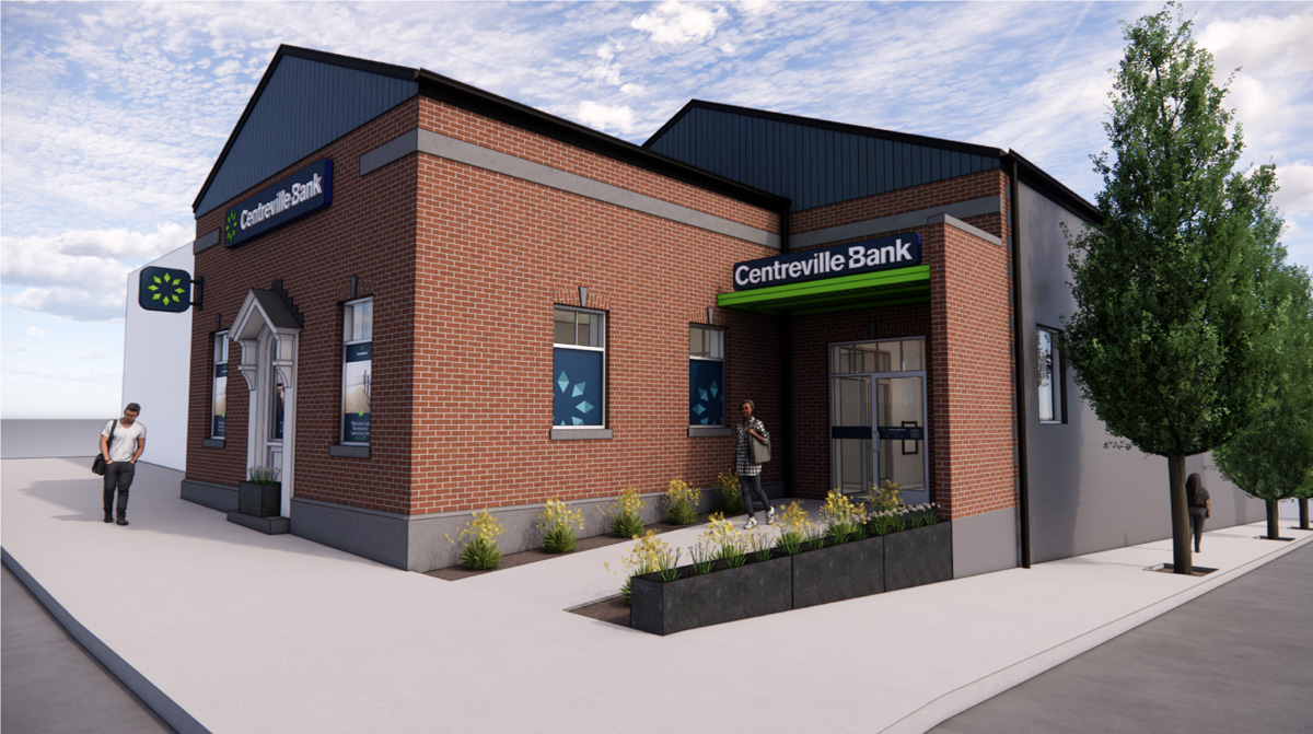 Architectural rendering of a new Centreville Bank branch planned for downtown Olneyville, Providence.