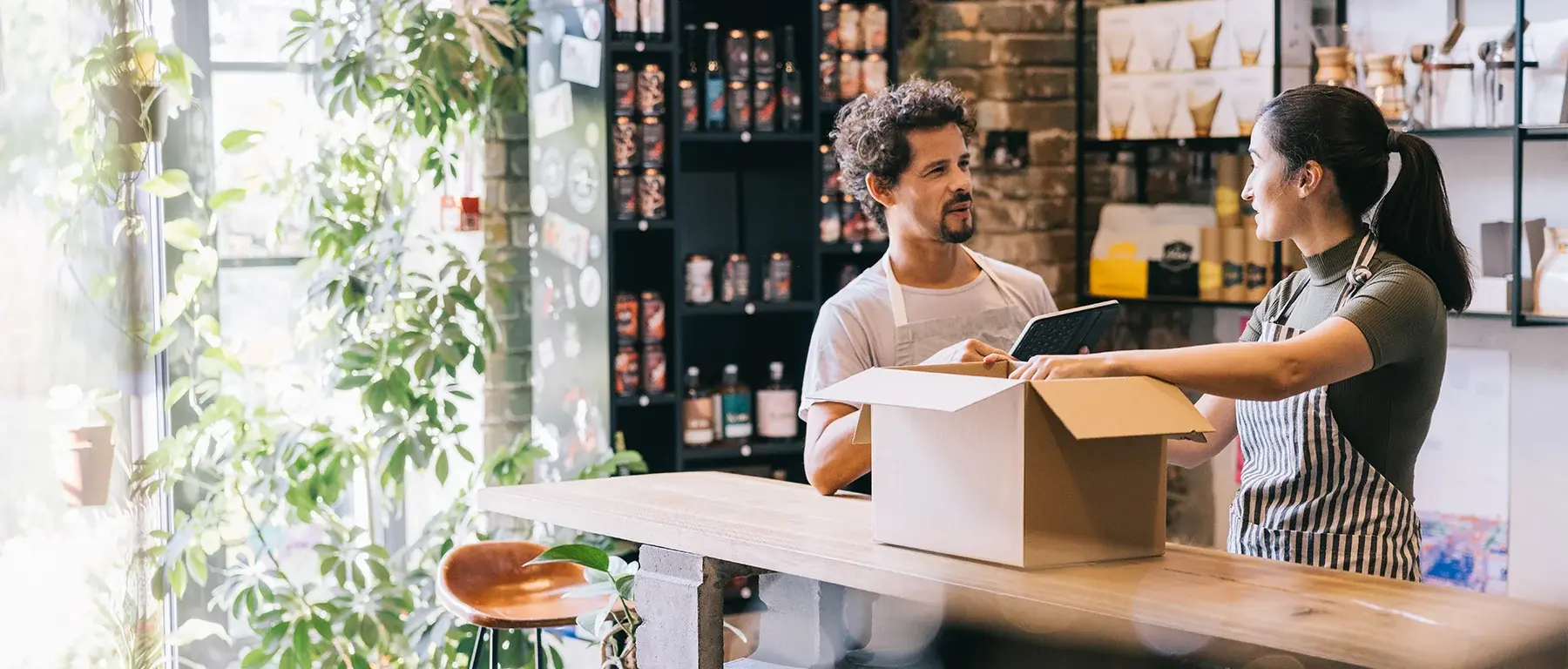 Two shop workers in aprons pack items into a cardboard box on a wooden counter, with shelves of stock and a leafy plant behind them.
