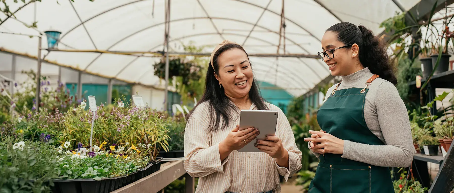 Two women stand together among rows of potted plants in a greenhouse, one holding a tablet as they talk.