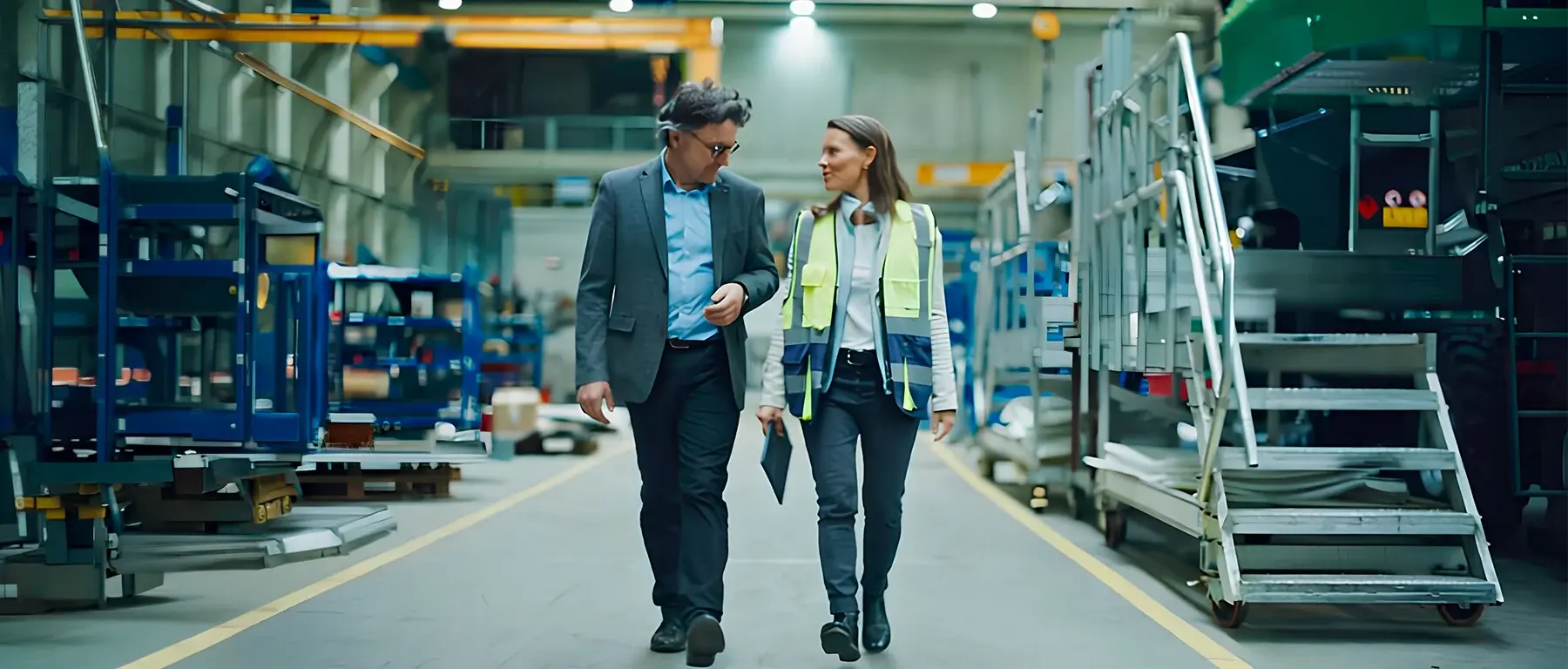 A businessman and a colleague in a safety vest walk and talk through an industrial facility
