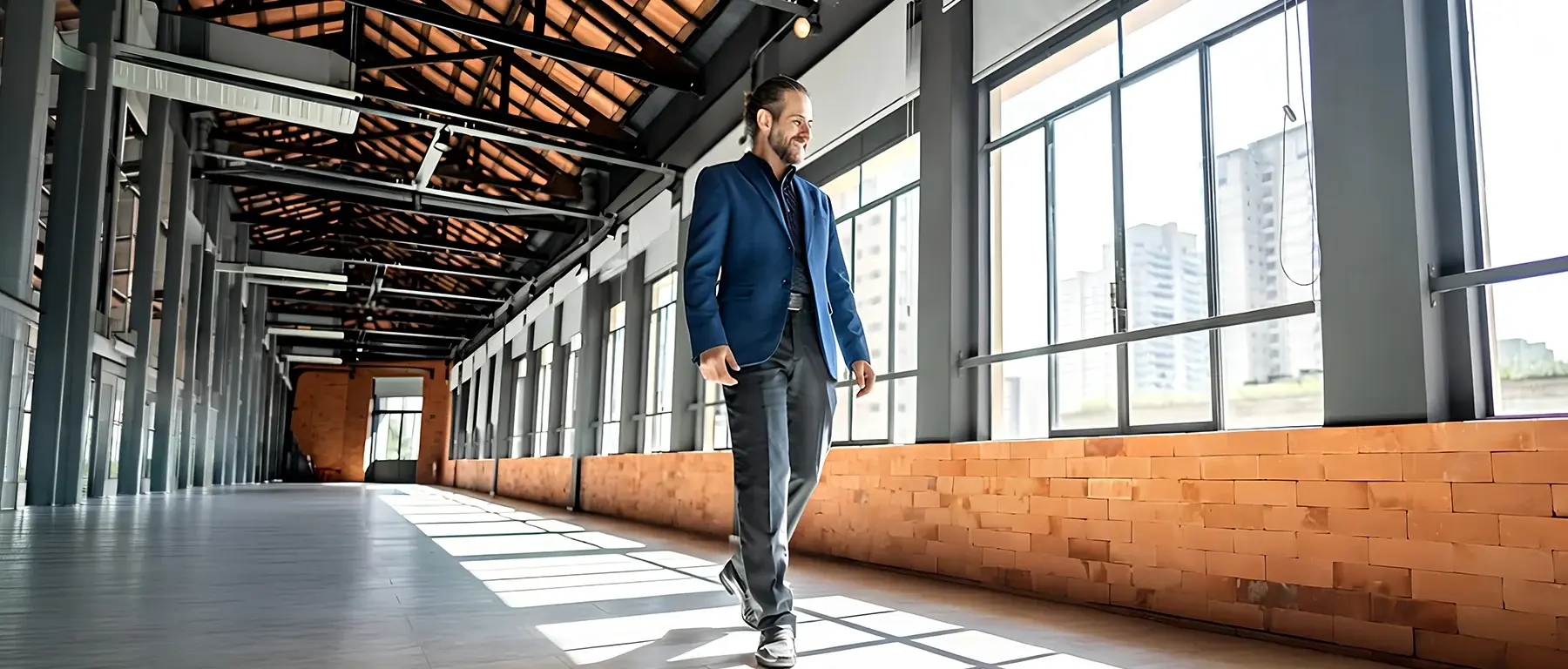 A man in a blazer walks down a sunlit hallway inside a renovated brick warehouse with tall windows.