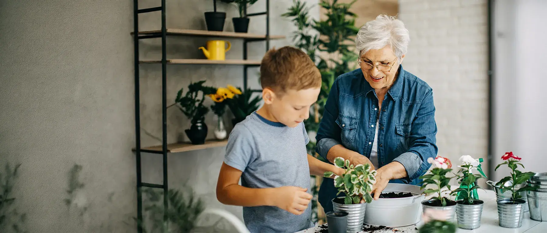 An older woman and a young boy repot small plants together at a table of flower pots.