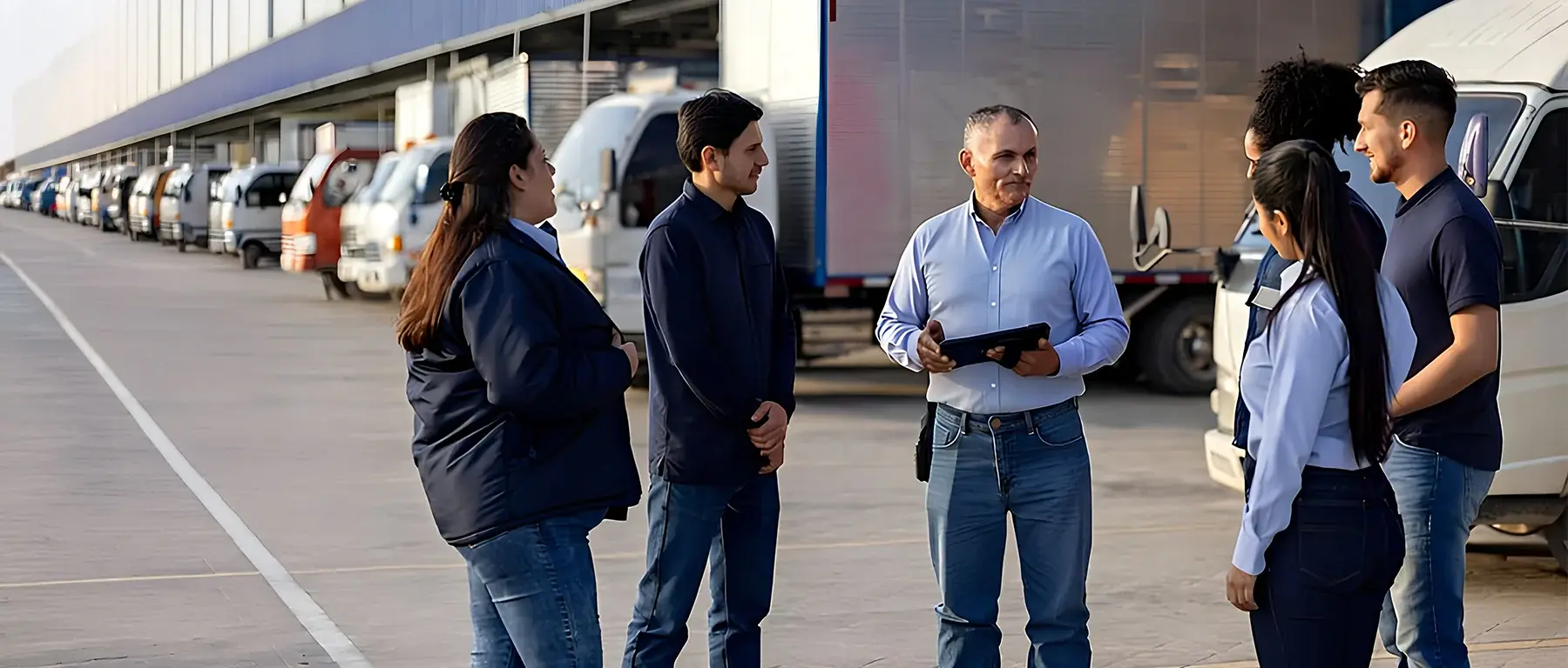 A manager holding a tablet talks with a group of warehouse and delivery employees in front of parked box trucks.