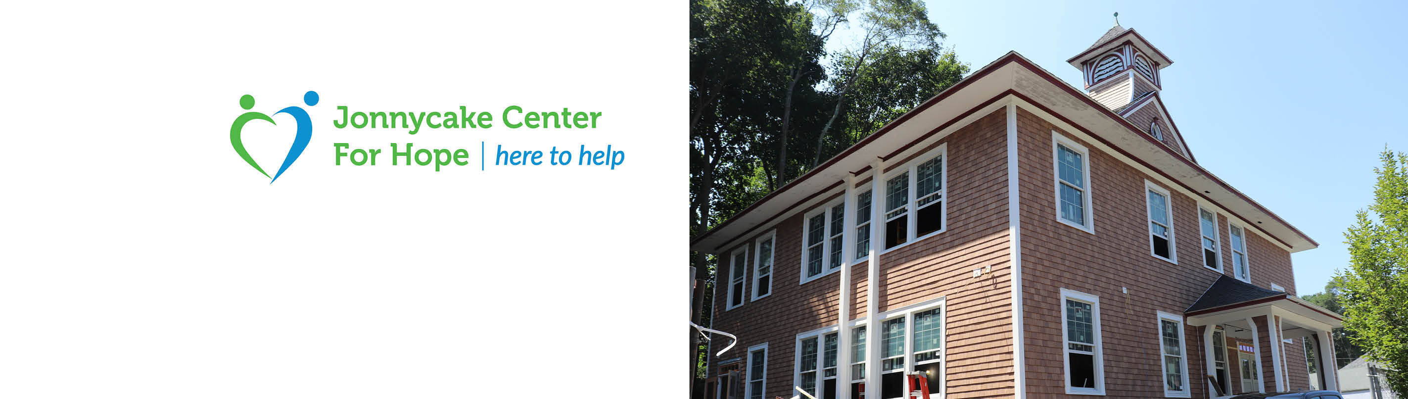 Jonnycake Center For Hope logo beside a photograph of their shingled two-storey building